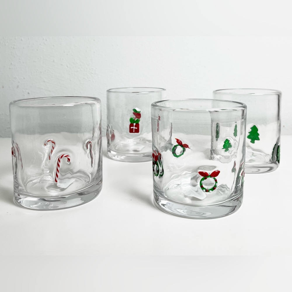 NEW Crate & Barrel Christmas Icon DOF Glasses Set of 4 Double Old Fashioned